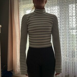Aerie Gray and White Ribbed Crop Long Sleeve Tee